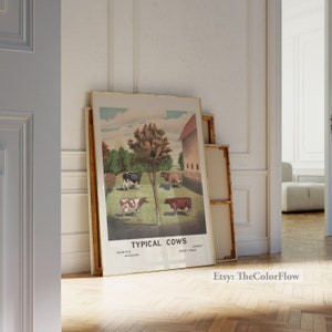 May include: A vintage poster depicting four different breeds of cows, labeled "Typical Cows." The breeds are Holstein, Ayrshire, Jersey, and Short Horn. The poster features a farm scene with a barn and trees.