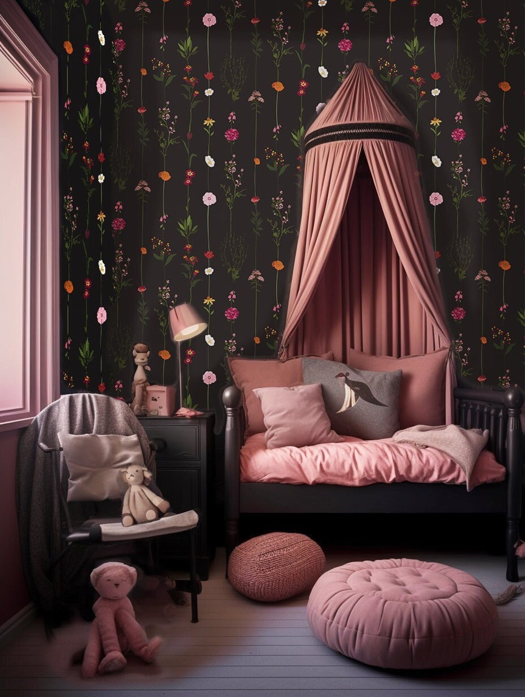 Dark Floral Wallpaper, Dark Nursery Wallpaper, Botanical Wallpaper ...