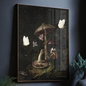The image is a framed painting depicting a mushroom, butterflies, and other natural elements in a dark, moody setting.