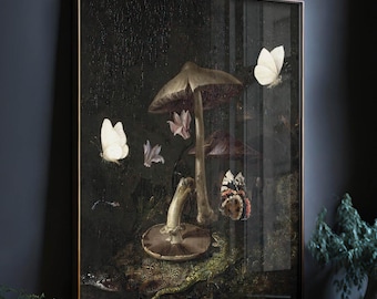 Donkere Cottagecore-kunstprint, humeurige donkere Academia-muurkunst, donkere botanische print, humeurig olieverfschilderij, paddestoelprint, Dark Forest Goblincore