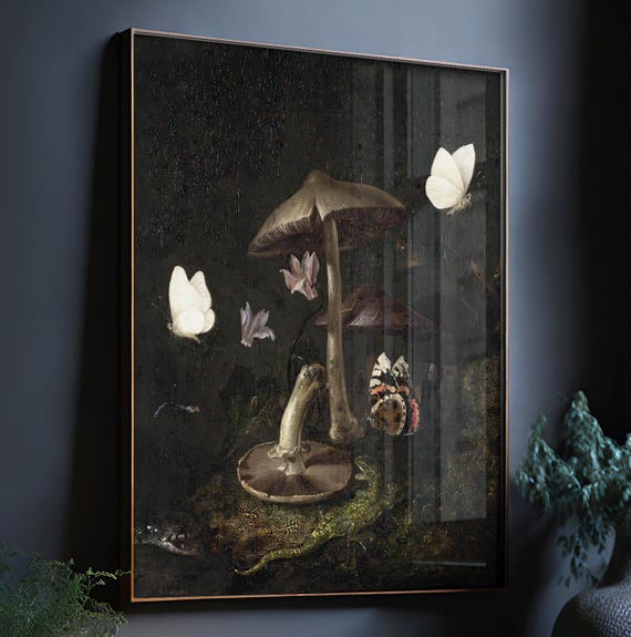 Dark Cottagecore Art Print, Moody Dark Academia Wall Art, Dark Botanical Print, Moody Oil Painting, Mushroom Print, Dark Forest Goblincore