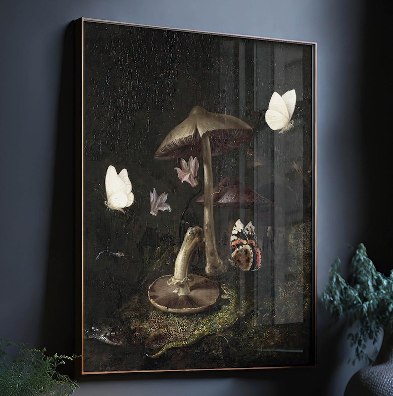 The image is a framed painting depicting a mushroom, butterflies, and other natural elements in a dark, moody setting.