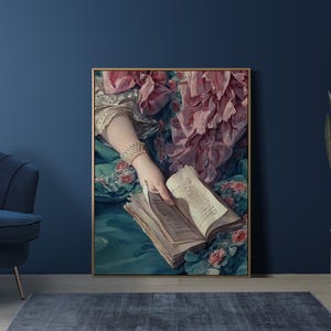 Afdruk vrouw lezend: rococo-boekkunst (blauwgroen en roze, boekenwurmcadeau) afbeelding 12