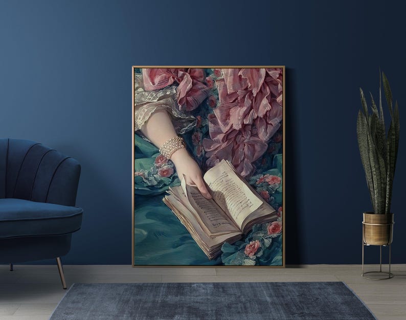 Afdruk vrouw lezend: rococo-boekkunst (blauwgroen en roze, boekenwurmcadeau) afbeelding 12