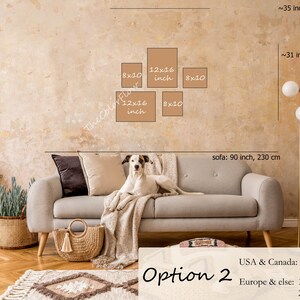 May include: A living room interior design mockup with a gray sofa, a white dog, a wooden cabinet, a floor lamp, and a shelf unit. The wall is beige and has a gallery wall of four framed prints in various sizes. The text on the wall reads "12x16 inch" and "8x10". The text below the sofa reads "Option 2", "USA & Canada: 3 x 8x10 inch, 2 x 12x16 inch", "Europe & else: 3 x A4 (21x29.7 cm), 2 x A3 (29.7x42 cm)".