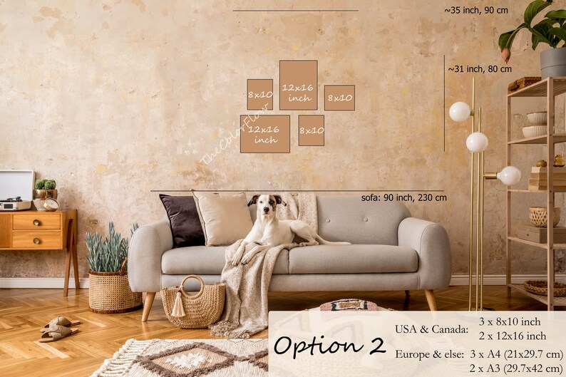 May include: A living room interior design mockup with a gray sofa, a white dog, a wooden cabinet, a floor lamp, and a shelf unit. The wall is beige and has a gallery wall of four framed prints in various sizes. The text on the wall reads "12x16 inch" and "8x10". The text below the sofa reads "Option 2", "USA & Canada: 3 x 8x10 inch, 2 x 12x16 inch", "Europe & else: 3 x A4 (21x29.7 cm), 2 x A3 (29.7x42 cm)".
