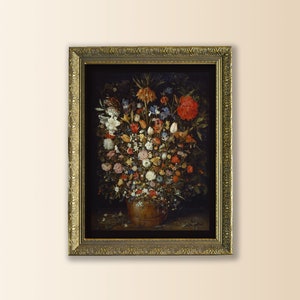 Peut inclure: Une peinture &agrave; l'huile encadr&eacute;e repr&eacute;sentant une nature morte avec un vase rempli de fleurs color&eacute;es. Les fleurs sont dispos&eacute;es de mani&egrave;re sym&eacute;trique et comprennent des roses, des tulipes et des lys. Le vase est de couleur brun fonc&eacute; et est plac&eacute; sur un fond sombre.