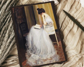 vintage woman painting, reading a book, moody romantic dark room decor, vintage portrait print, physical print, reading nook decor, Blanche