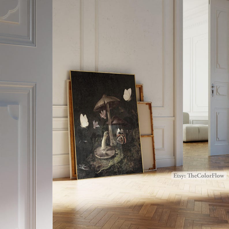 Dark Cottagecore Art Print, Moody Dark Academia Wall Art, Dark Botanical Print, Moody Oil Painting, Mushroom Print, Dark Forest Goblincore image 8