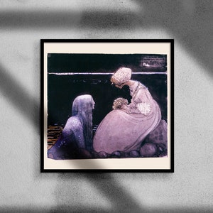 Peut inclure: Une illustration encadr&eacute;e de deux femmes, l'une en robe blanche et l'autre en robe sombre, assises au bord d'un plan d'eau. La femme en robe blanche tient un bouquet de fleurs. Le texte "Till Picture may Dwell in the Heart of the Dweller" est &eacute;crit dans le coin sup&eacute;rieur droit de l'image.