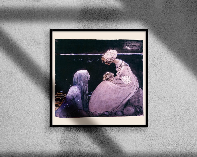 Peut inclure: Une illustration encadr&eacute;e de deux femmes, l'une en robe blanche et l'autre en robe sombre, assises au bord d'un plan d'eau. La femme en robe blanche tient un bouquet de fleurs. Le texte "Till Picture may Dwell in the Heart of the Dweller" est &eacute;crit dans le coin sup&eacute;rieur droit de l'image.