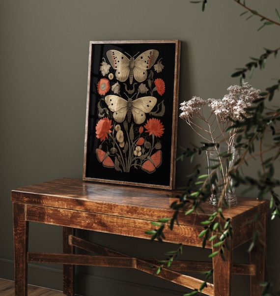 Botanical Moth Illustration, Moth Poster, Dark Academia, Insect Wall Art, Dark Cottagecore, Red Moths, Vintage Insect Illustration, Witchy
