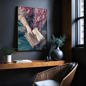 a painting of a woman reading a book, with a wooden shelf below it and a wicker chair in the foreground.