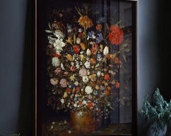 dark floral wall art, moody vintage flower print, above bed art, flower oil painting, dining room art, 24x36 print, dutch floral print