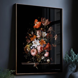 moody vintage flower print, dark Victorian wall art, dark academia decor, 16x20 wall art for bedroom, dutch floral prints black background