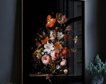 moody vintage flower print, dark Victorian wall art, dark academia decor, 16x20 wall art for bedroom, dutch floral prints black background