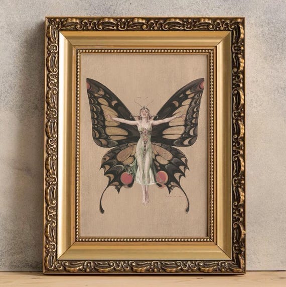 Vintage Fairy Print, Dark Cottagecore Wall Art, Vintage Butterfly Woman Print, Mythology Art, Butterfly Fairy Print, Art Nouveau 1920s Decor