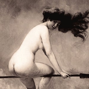 May include: A black and white photo of a woman with long hair, sitting on a broomstick. The woman is nude and her hair is flowing in the wind.