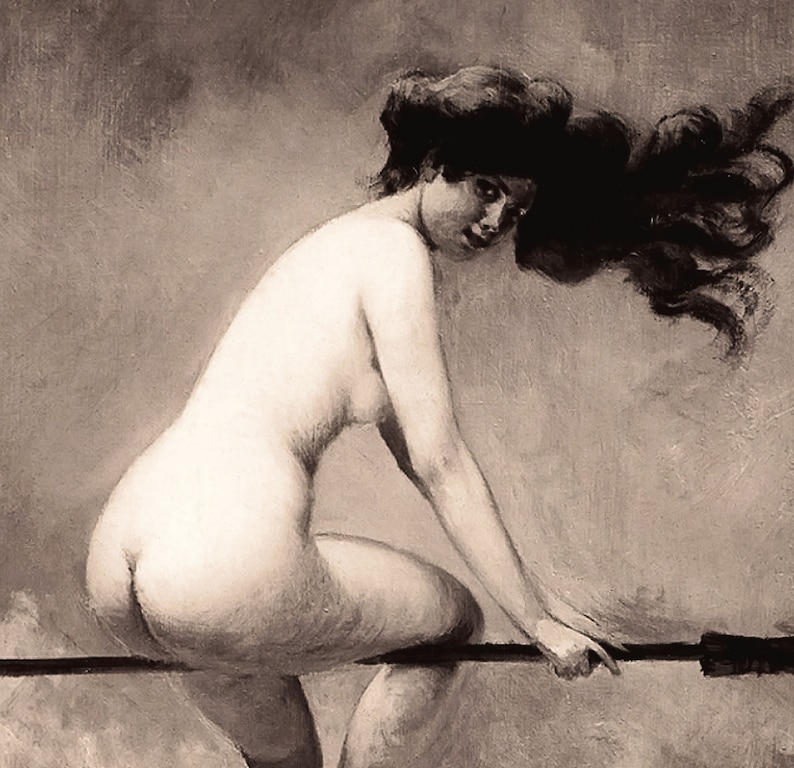 May include: A black and white photo of a woman with long hair, sitting on a broomstick. The woman is nude and her hair is flowing in the wind.