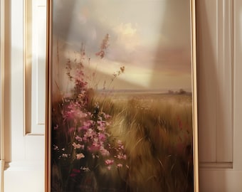 Vintage wydruk krajobrazowy, pole fioletowych kwiatów, uspokajająca, elegancka sztuka fizyczna, wydruk krajobrazowy 18x24