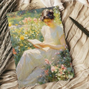 Woman Reading Print, Woman in the Garden, Summer Garden Painting, Canvas Wall Art, Vintage Woman Art Print, Vintage art, Robert Lewis Reid