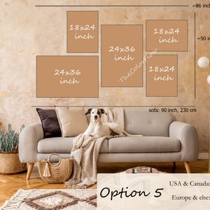 May include: Option 5 for a wall art print set with three 18x24 inch prints and two 24x36 inch prints. The prints are shown above a beige sofa with a throw blanket and a dog sitting on it. The prints are also shown above a wooden shelf with a lamp and plants.