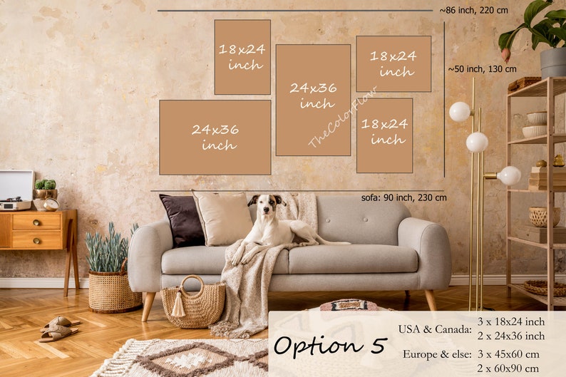 May include: Option 5 for a wall art print set with three 18x24 inch prints and two 24x36 inch prints. The prints are shown above a beige sofa with a throw blanket and a dog sitting on it. The prints are also shown above a wooden shelf with a lamp and plants.