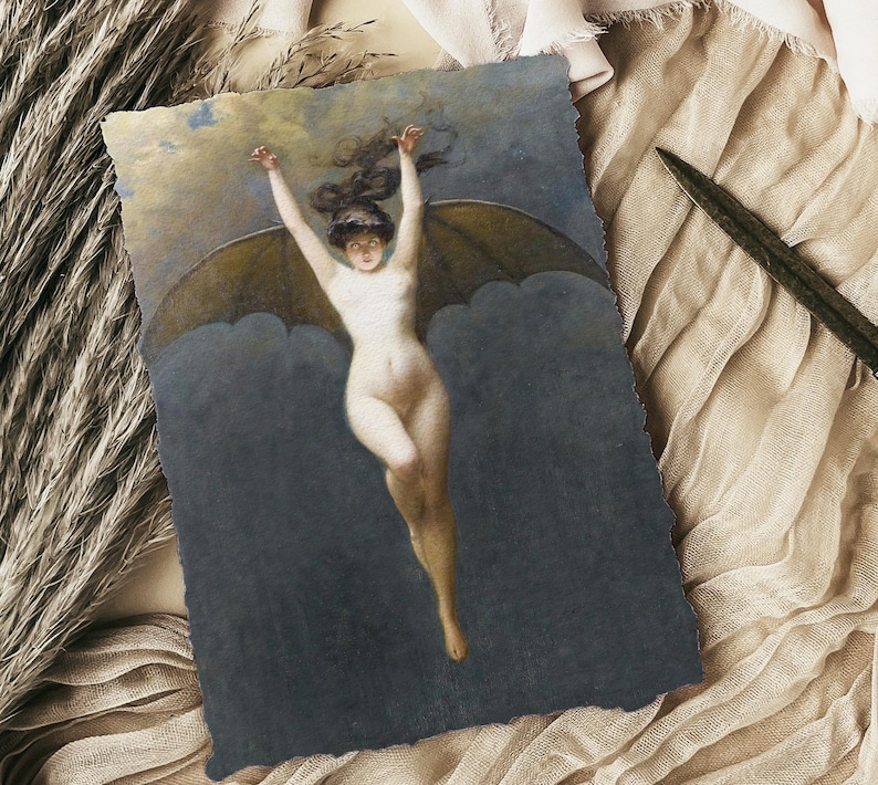 donkere academische prenten, heksenkunstprint, donkere vrouwelijke kunst, vleermuisvrouwenprint, donkere cottagecore-esthetiek, demonische schilderkunst, heksencadeaus vrouwen afbeelding 3