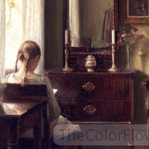 Victorian woman painting, antique portrait print, Carl Holsoe, girl reading, dark academia decor, vintage room interior, Danish oil painting