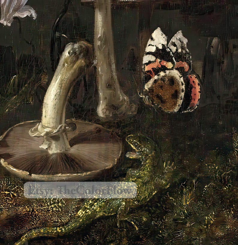 Dark Cottagecore Art Print, Moody Dark Academia Wall Art, Dark Botanical Print, Moody Oil Painting, Mushroom Print, Dark Forest Goblincore image 7