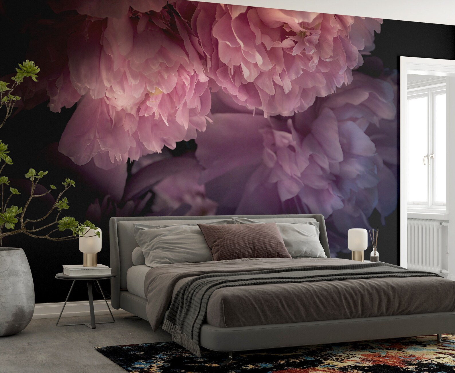 Dark Peony Wallpaper, Peony Wall Mural, Accent Wall Bedroom, Dark ...