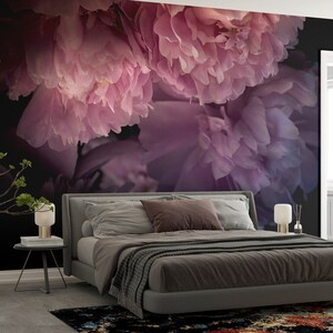Dark Peony Wallpaper, Peony Wall Mural, Accent Wall Bedroom, Dark ...