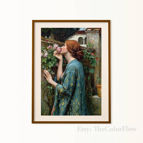 vintage portrait painting, cottagecore 18x24 art print, romantic cottage garden, rose wall art, John Waterhouse, woman painting, shabby chic