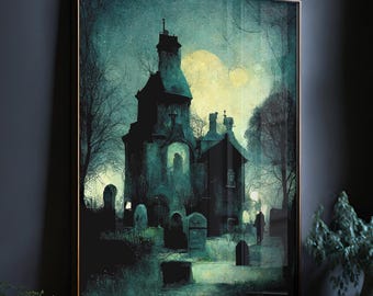Impresión de cementerio, arte de pared oscuro, decoración del hogar de otoño con cementerio gótico, pintura de cementerio melancólico, impresión de cementerio de iglesia gótica, arte de pared de Halloween