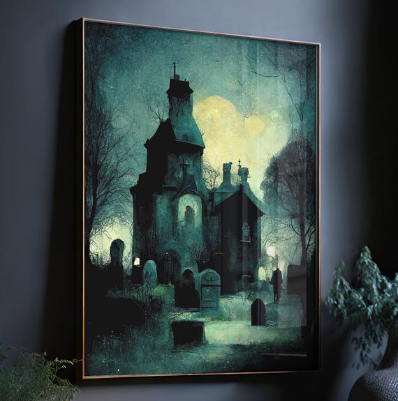 cemetery print, dark wall art, gothic cemetery fall home decor, moody graveyard painting, gothic church cemetery print, halloween wall art