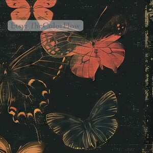May include: A black background with four butterflies in various shades of orange and gold. The butterflies are drawn in a vintage style with intricate details.