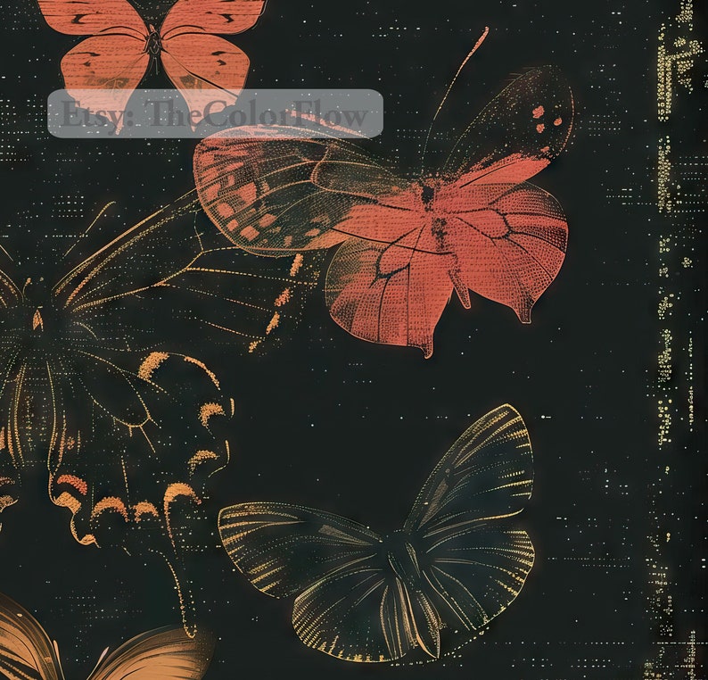 May include: A black background with four butterflies in various shades of orange and gold. The butterflies are drawn in a vintage style with intricate details.