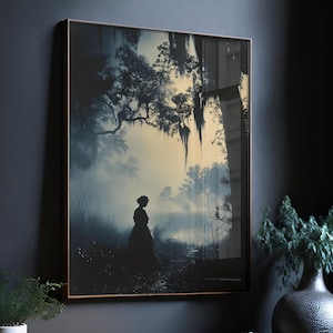 Lady of the Lake, Woman Portrait Print, Lonely Woman, Nostalgia Painting, Dark Academia, Moody Victorian Wall Art, Lake Print, Morning Mist