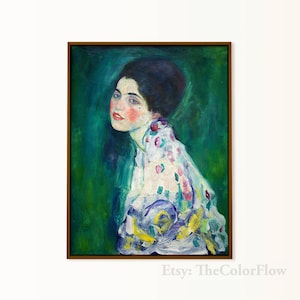 Gustav Klimt print, portrait of a lady, vintage portrait 18x24 art print, woman painting, moody classical art print, emerald green wall art