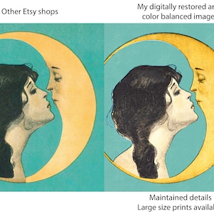 Puede incluir: Una ilustraci&oacute;n vintage de una mujer y una luna creciente, ambos con sus caras vueltas el uno hacia el otro. La mujer tiene el pelo oscuro y lleva un vestido blanco. La luna es amarilla y tiene una cara humana. El fondo es de color azul claro.
