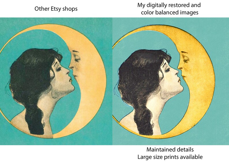 Puede incluir: Una ilustraci&oacute;n vintage de una mujer y una luna creciente, ambos con sus caras vueltas el uno hacia el otro. La mujer tiene el pelo oscuro y lleva un vestido blanco. La luna es amarilla y tiene una cara humana. El fondo es de color azul claro.