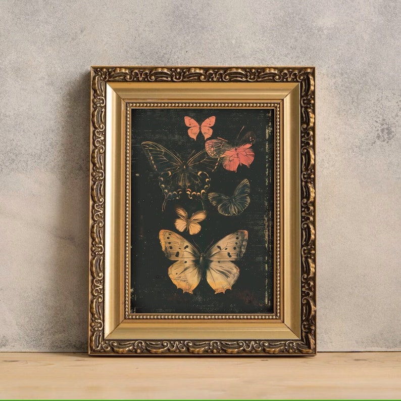 May include: A framed print of a vintage illustration featuring five butterflies in various shades of pink, yellow, and brown on a black background.