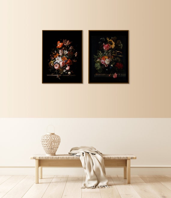 Dark Flower Art Print Set of Two Moody Floral Wall Art Dark Etsy