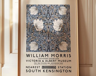 blue gray william morris pimpernel poster, william morris print, exhibition poster, bathroom wall decor, retro wall art, Victorian wall art