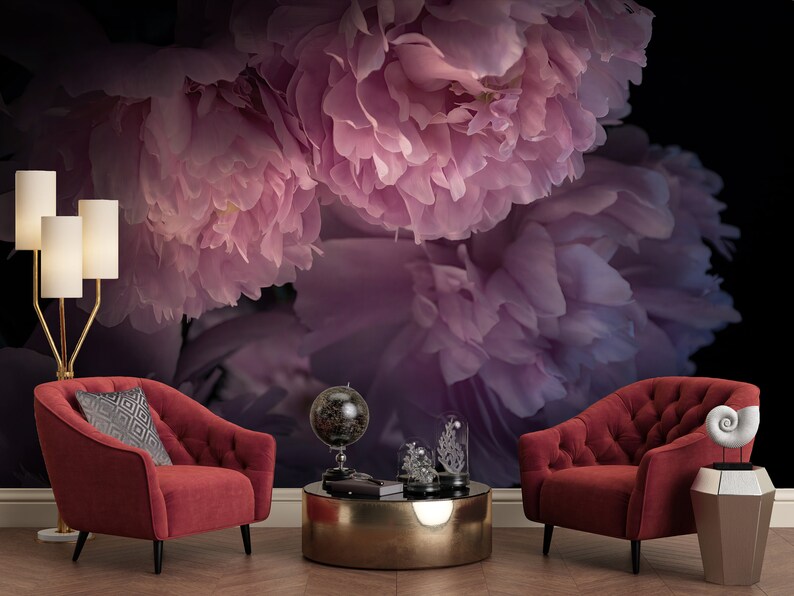 Dark Peony Wallpaper, Peony Wall Mural, Accent Wall Bedroom, Dark ...