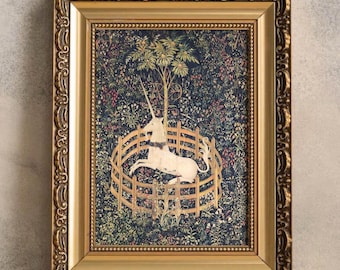 impression de licorne vintage, art médiéval de licorne, art du livre d'heures, décor de forêt enchantée pour impression d'art de pépinière, art fantaisiste, art unique pour enfants