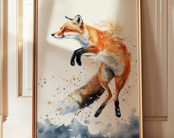large fox print, jumping fox poster, watercolor painting, fox nursery decor, playful, wildlife art, woodland nursery  wall art, fox gift