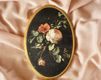Oval Wall Art Print: Dark Flower Still Life - Wooden Plaque Frame