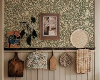 Vintage Wallpaper Green Botanical, Sage Green Peel And Stick Wallpaper, Botanical Wallpaper, Nature Wallpaper, Dainty Flower Wallpaper