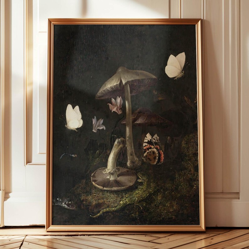 The image is a framed painting depicting a mushroom, butterflies, and a frog in a natural setting.